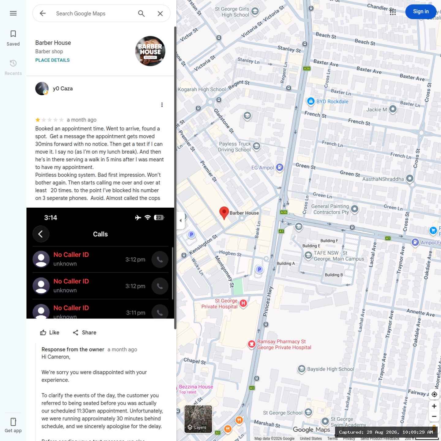 Original supplied Google Maps screenshot showing the one-star review by y0 Caza, its attached call-log image, and a partial owner response